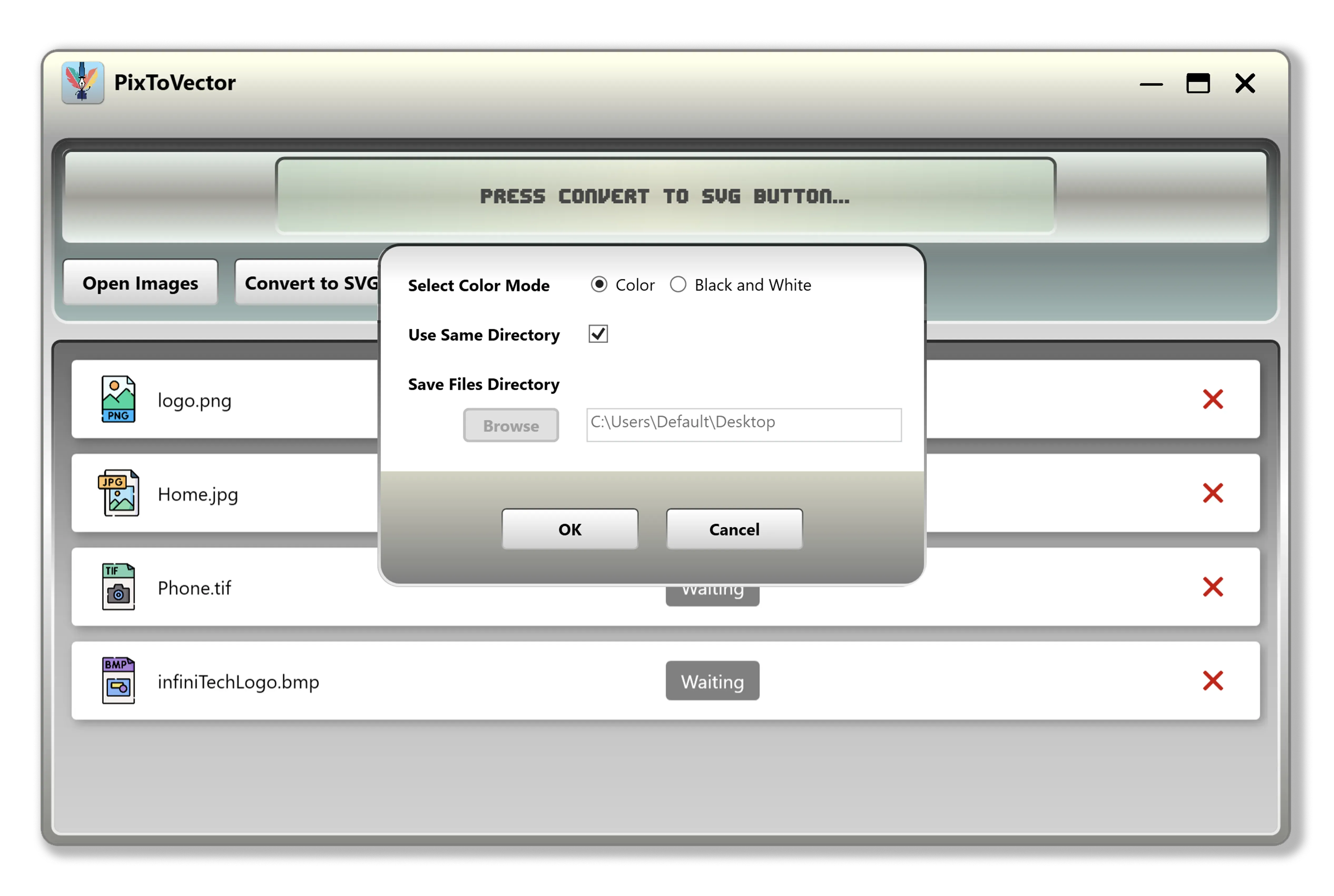 PixToVector settings screen