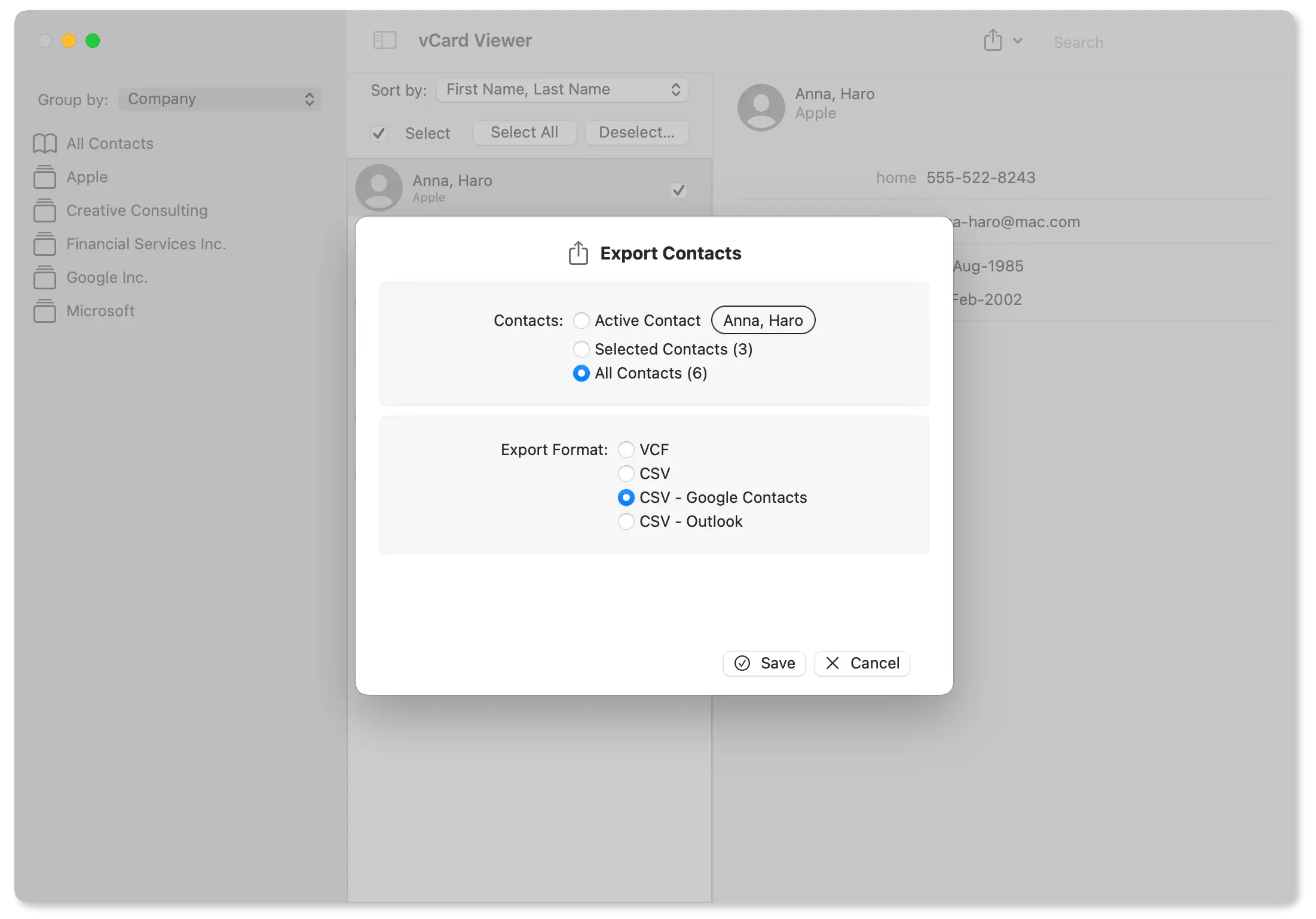 VCard Viewer export contacts